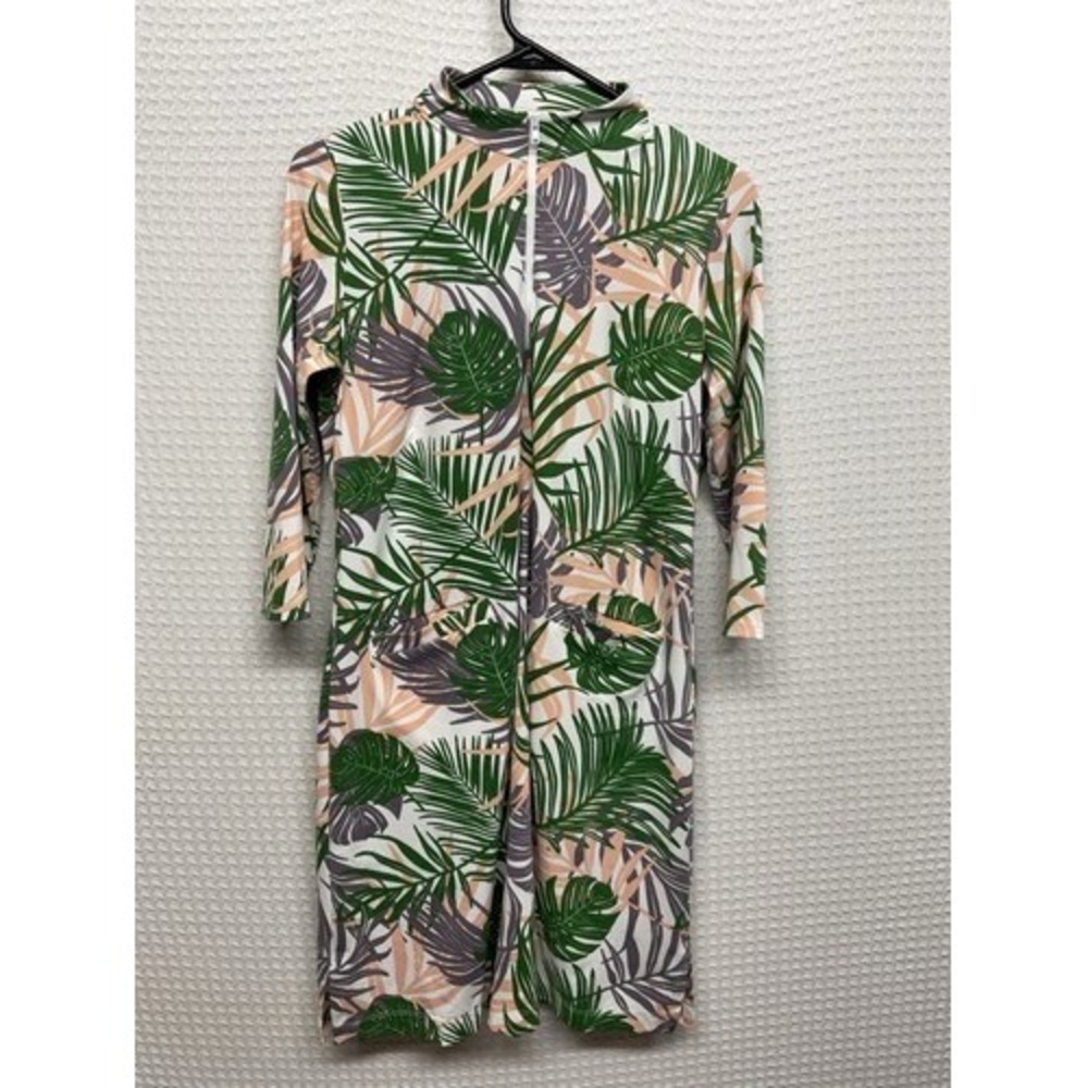Katherine Way UPF50+ Green Palm Stretch 3/4 Sleeve Shift Mini Dress Women S USA